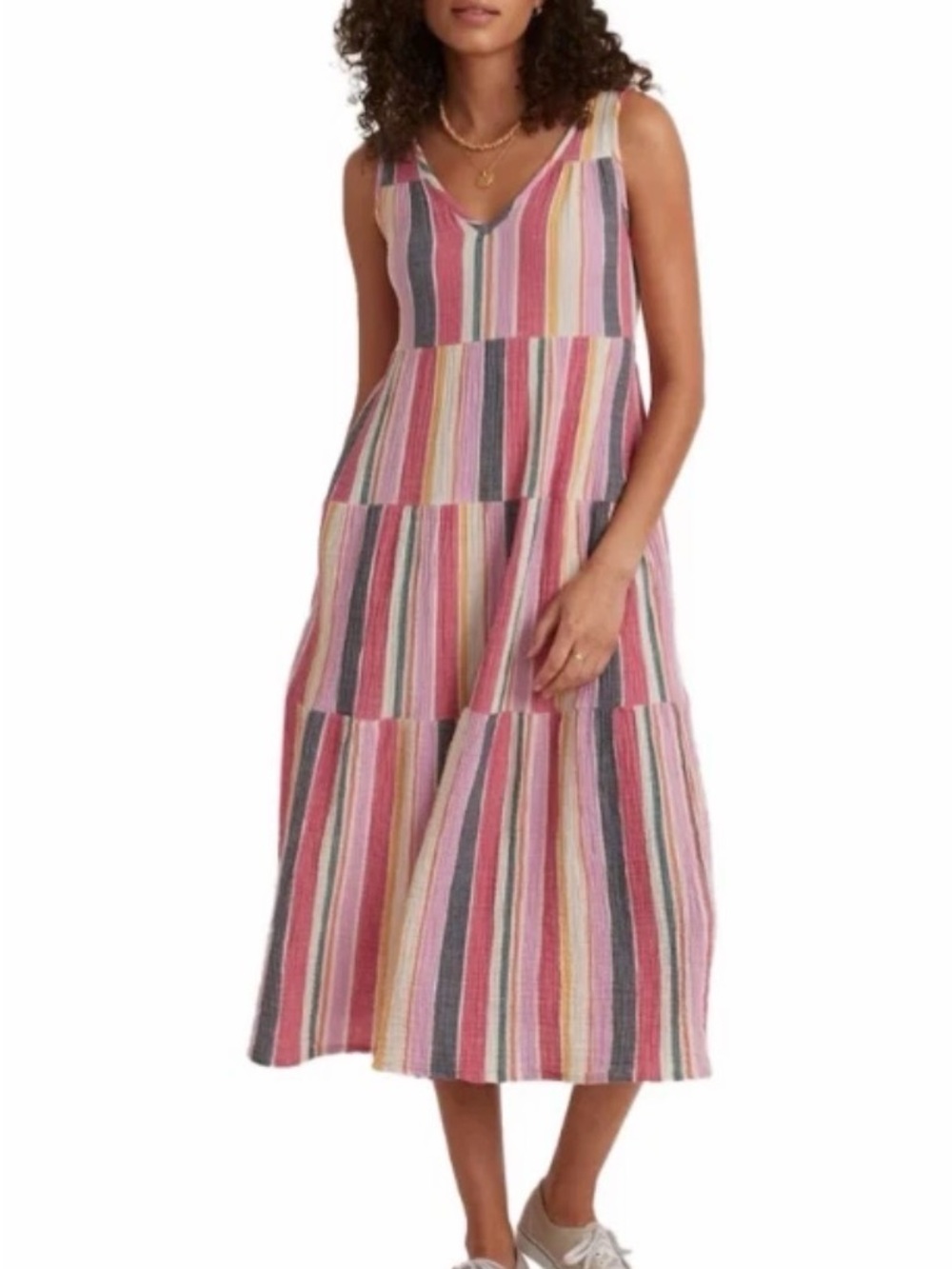 Marine Layer Striped Tiered V‑Neck Midi Dress in Pink, Cream, Gray